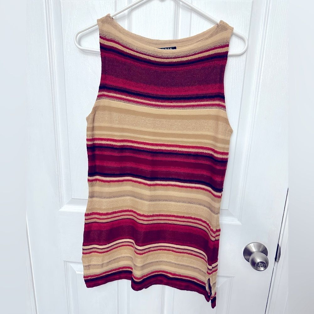 RALPH LAUREN Red Brown Striped Linen Cotton Sleeveless Tunic Sweater Petite Larg